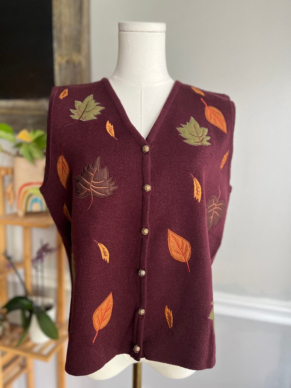 Vintage 90s Leaf Sweater Vest Fall Button Front Knit Maroon Size Large